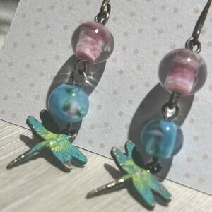 Dragonfly Artisan Enamel And Glass‎ Beads Earrings Dangle Pink Blue Green